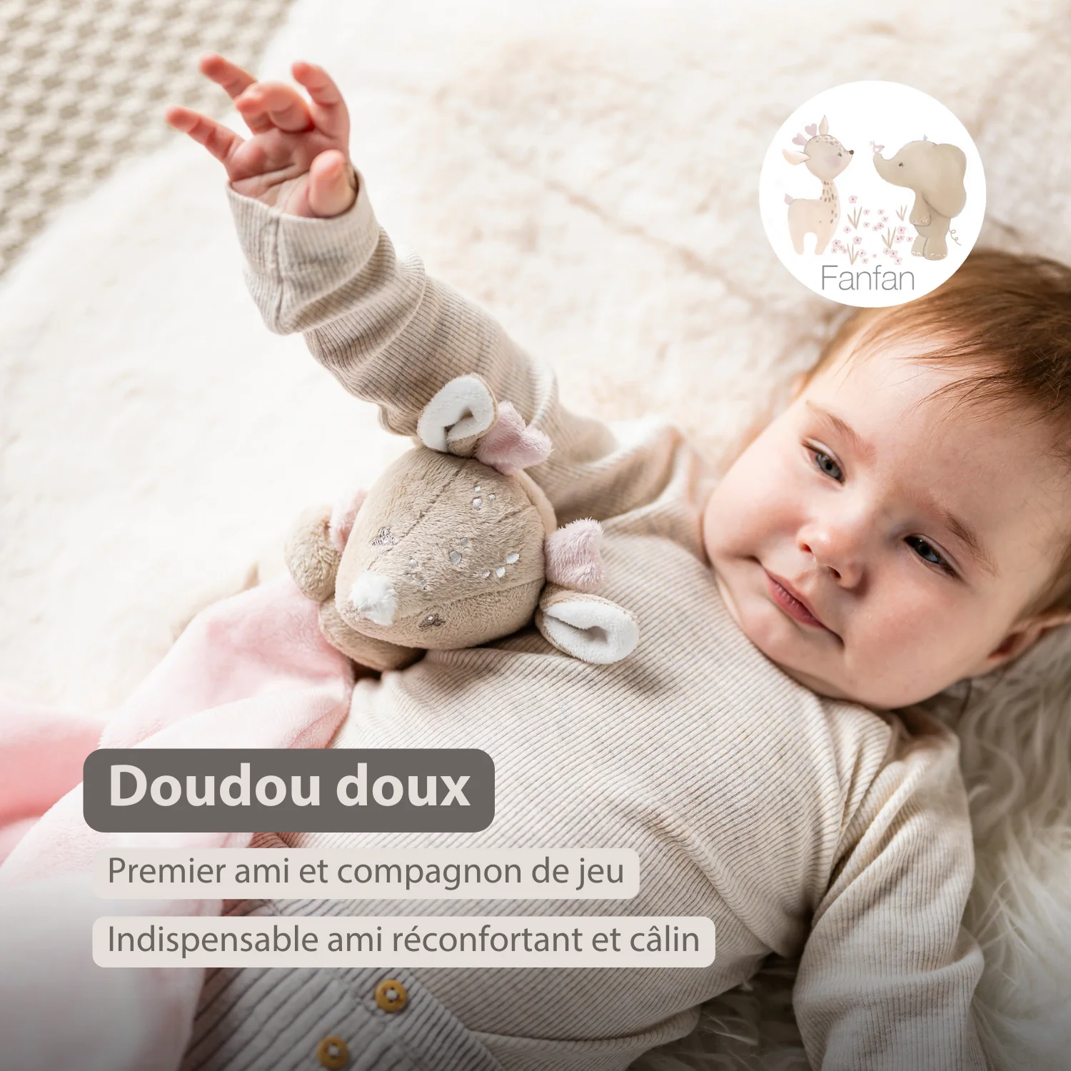 FanFan Baby Cuddle blanket with Cuddle - 27 x 27 cm - Doudou deer - Beige - Image 16