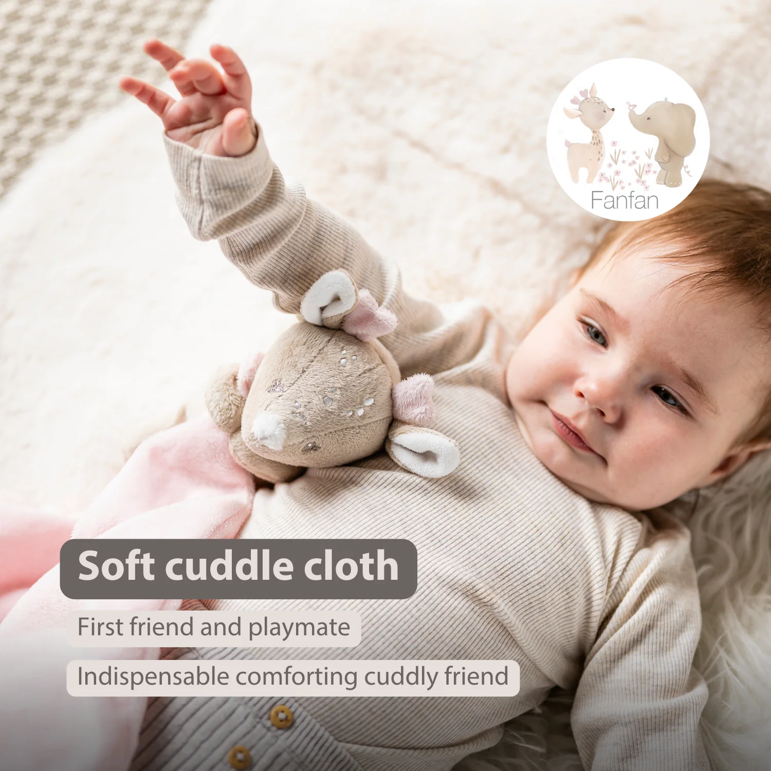 FanFan Baby Cuddle blanket with Cuddle - 27 x 27 cm - Doudou deer - Beige - Image 30