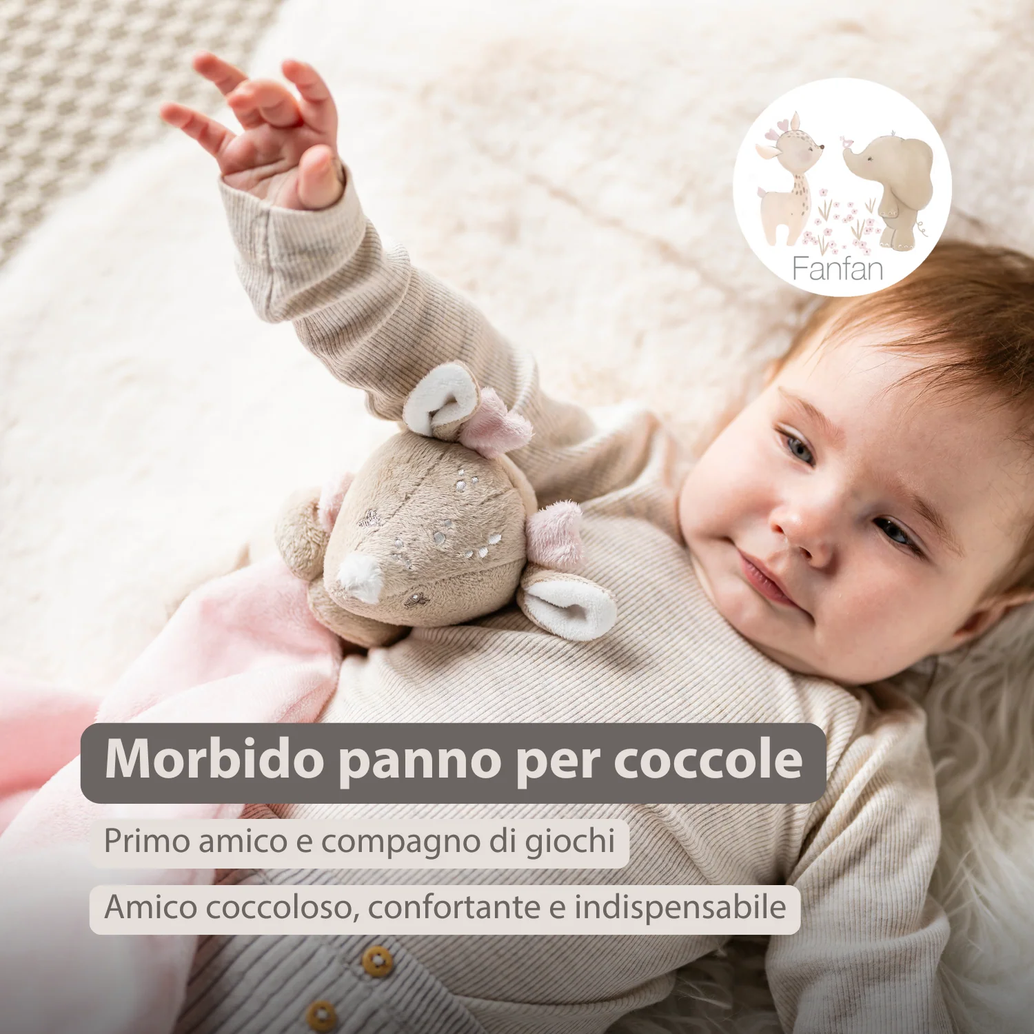 FanFan Baby Cuddle blanket with Cuddle - 27 x 27 cm - Doudou deer - Beige - Image 9