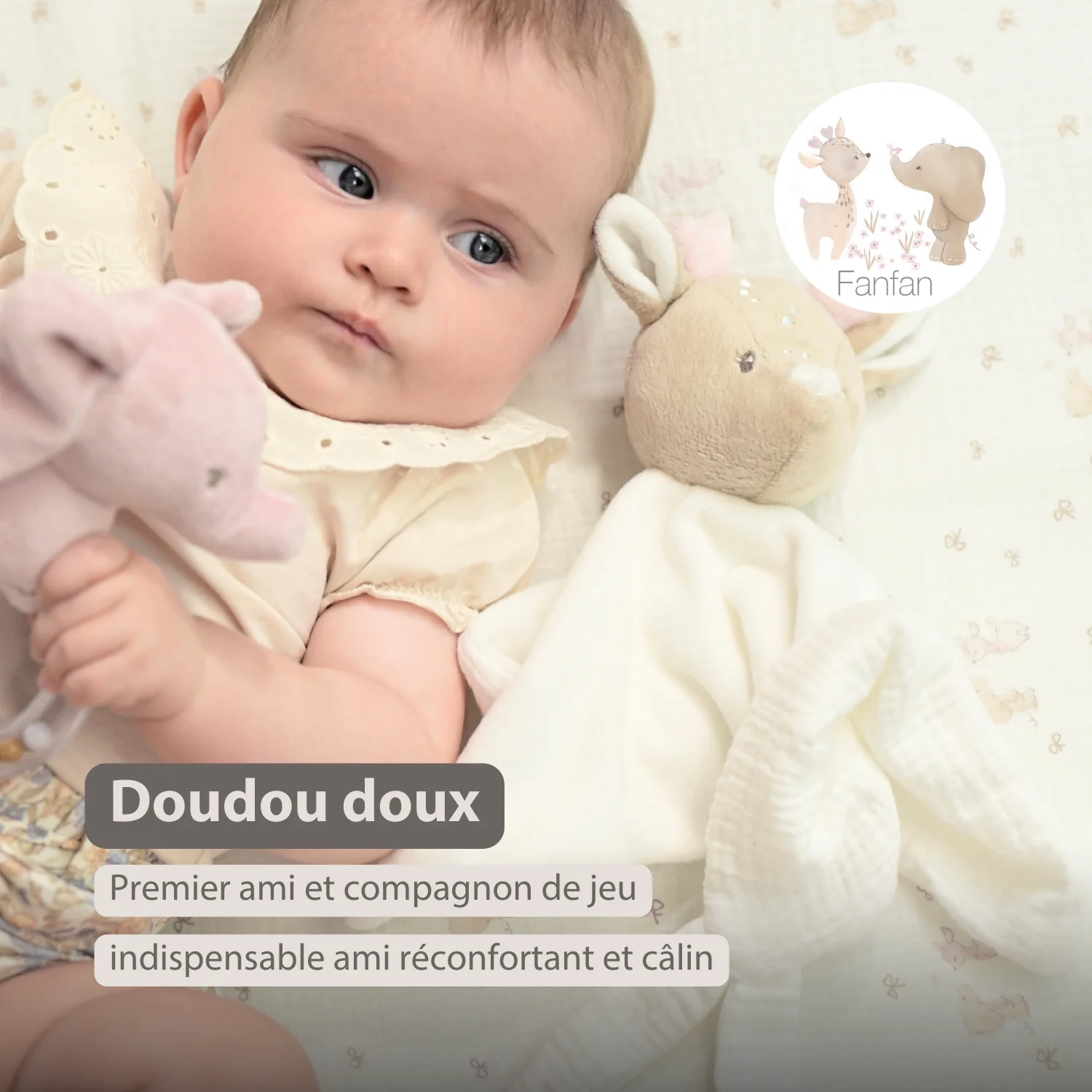 FanFan Baby Cuddly blanket - 27 x 27 cm - Doudou deer - Off White - Image 14