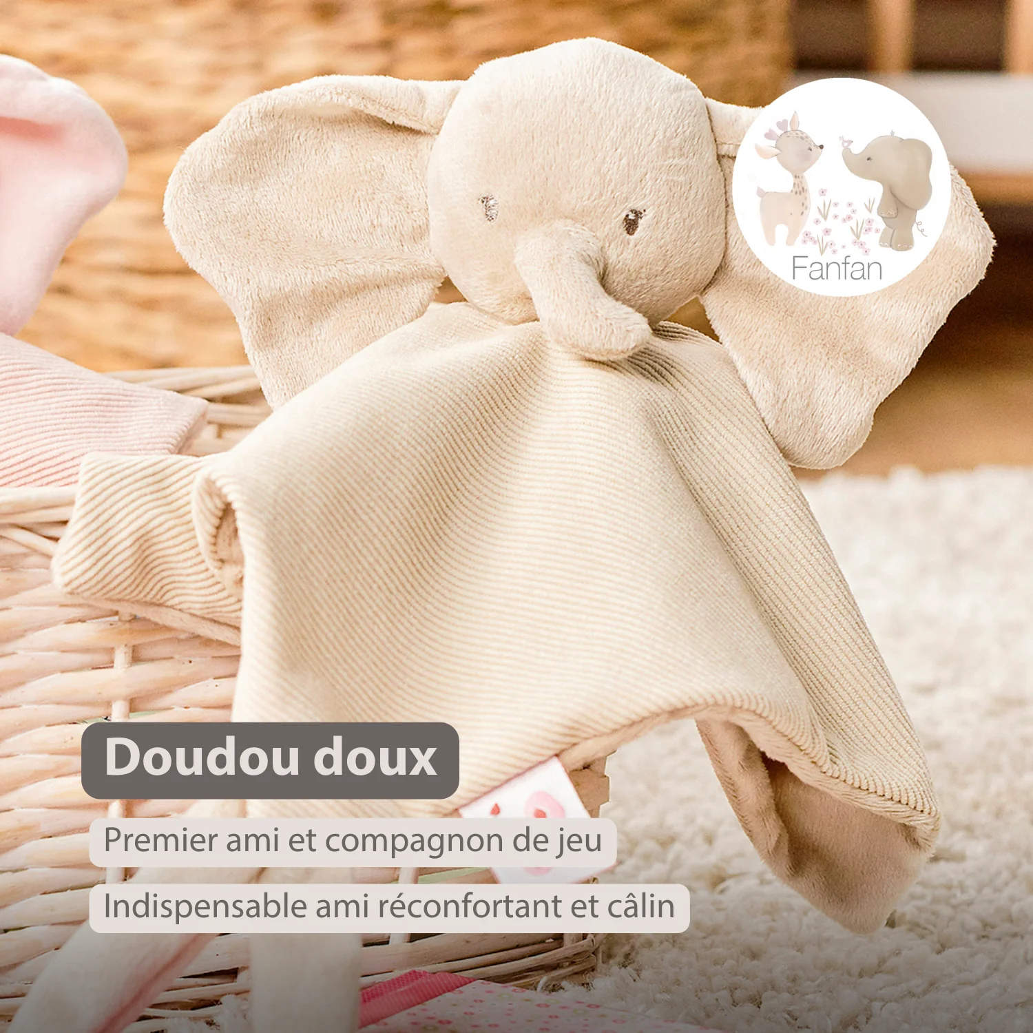 FanFan Baby Cuddly blanket - 27 x 27 cm - Doudou Elephant - Sand - Image 12