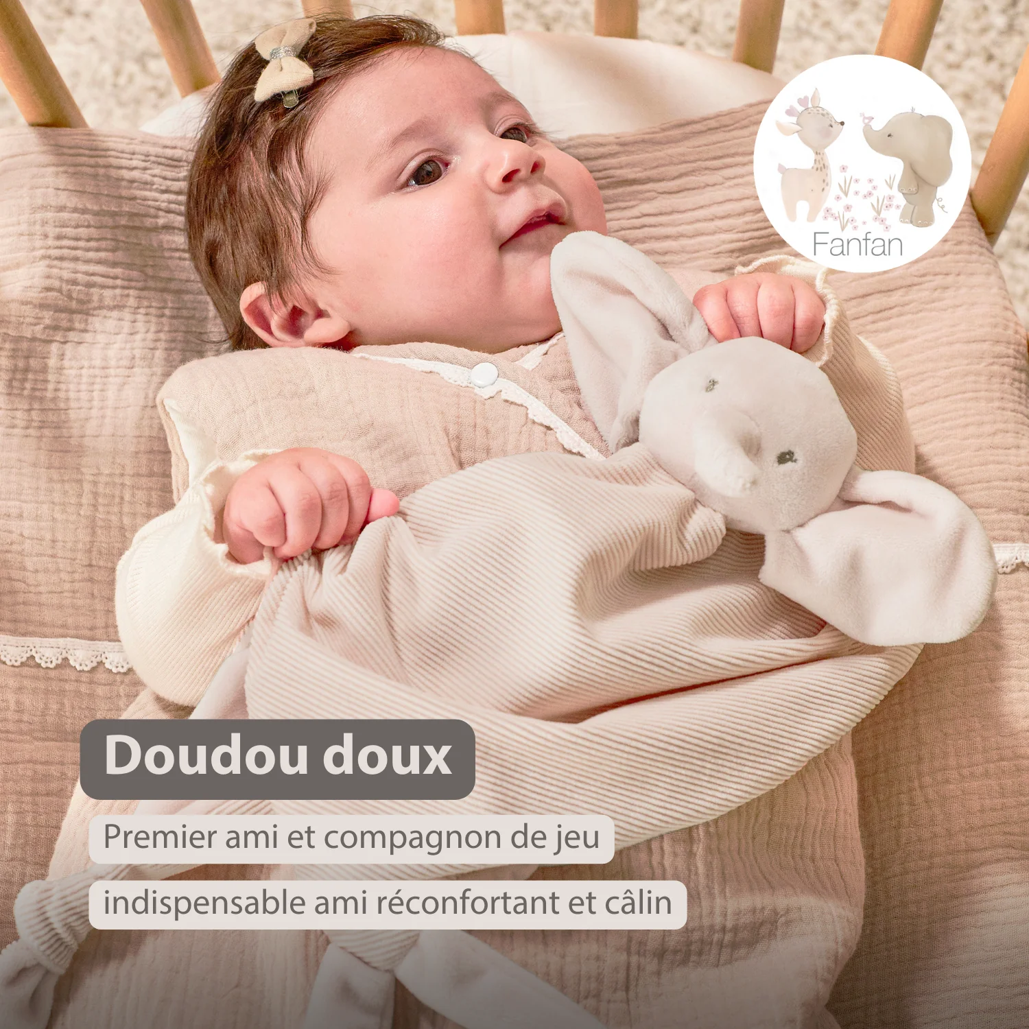 FanFan Baby Cuddly blanket - 65 x 40 cm - Doudou Elephant - Sand - Image 10