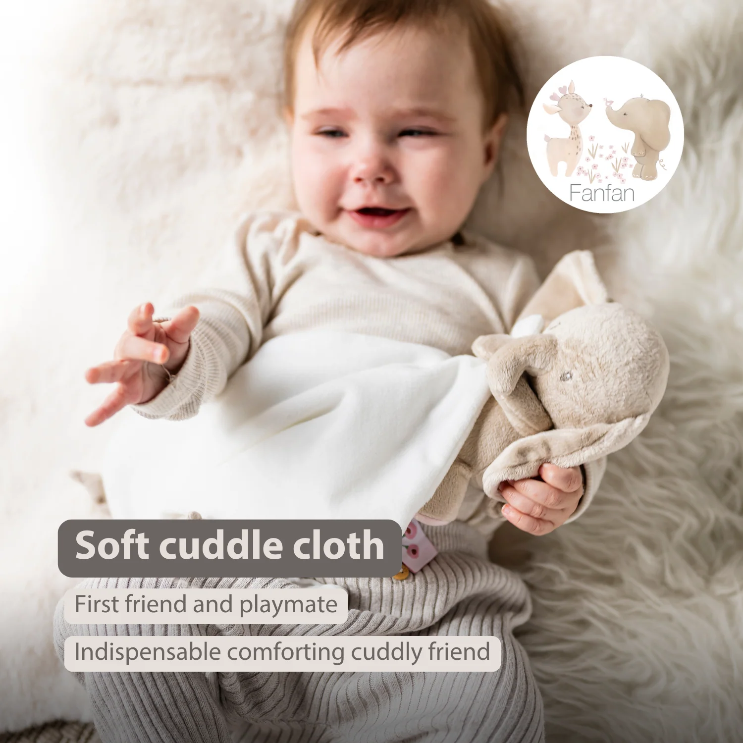 FanFan Baby Stuffed Cloth with Cuddle - 27 x 27 cm - Doudou Elephant - Off White - Image 26