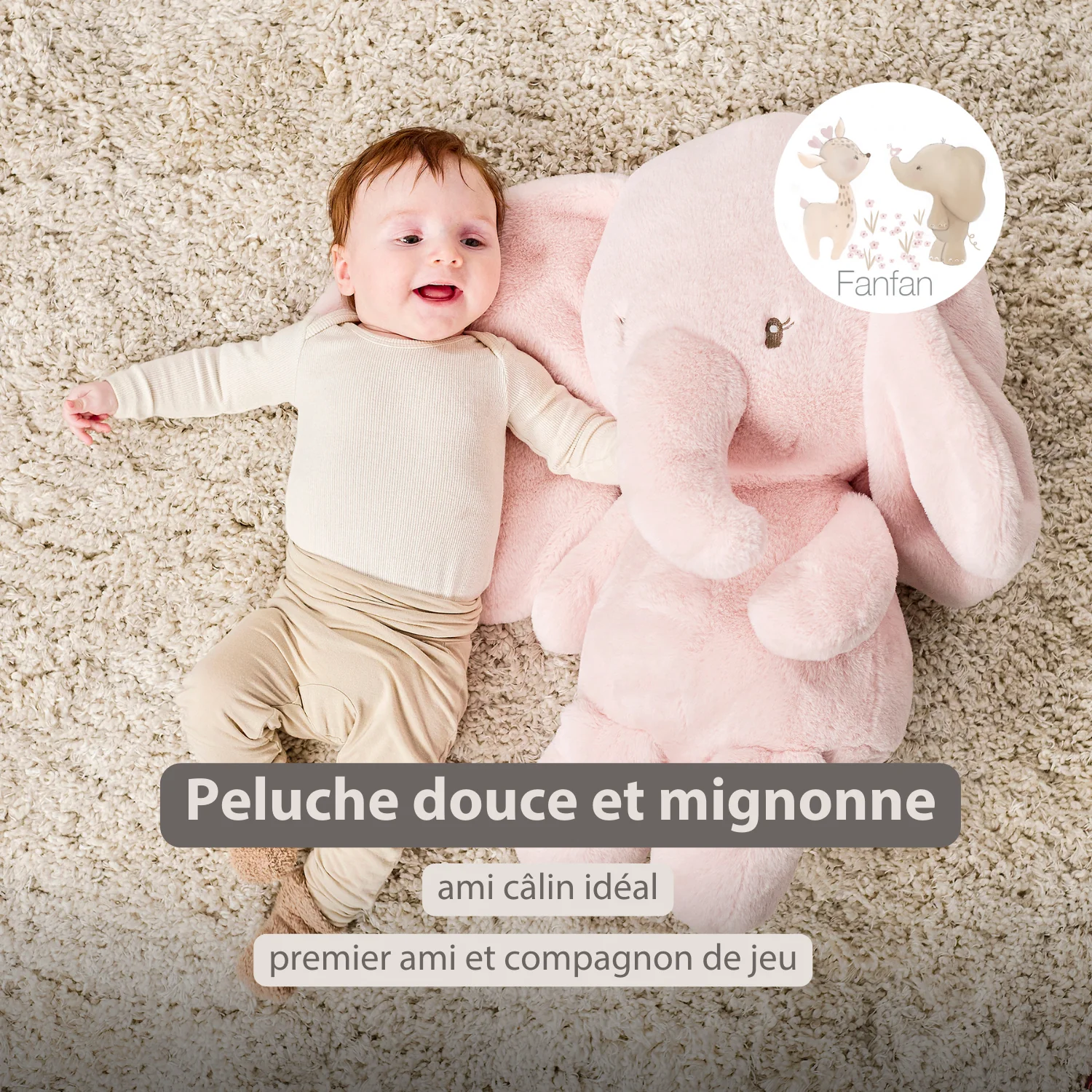 FanFan Maxi Cuddle Elephant – 60 cm – Soft Baby Plush – Pink - Image 16