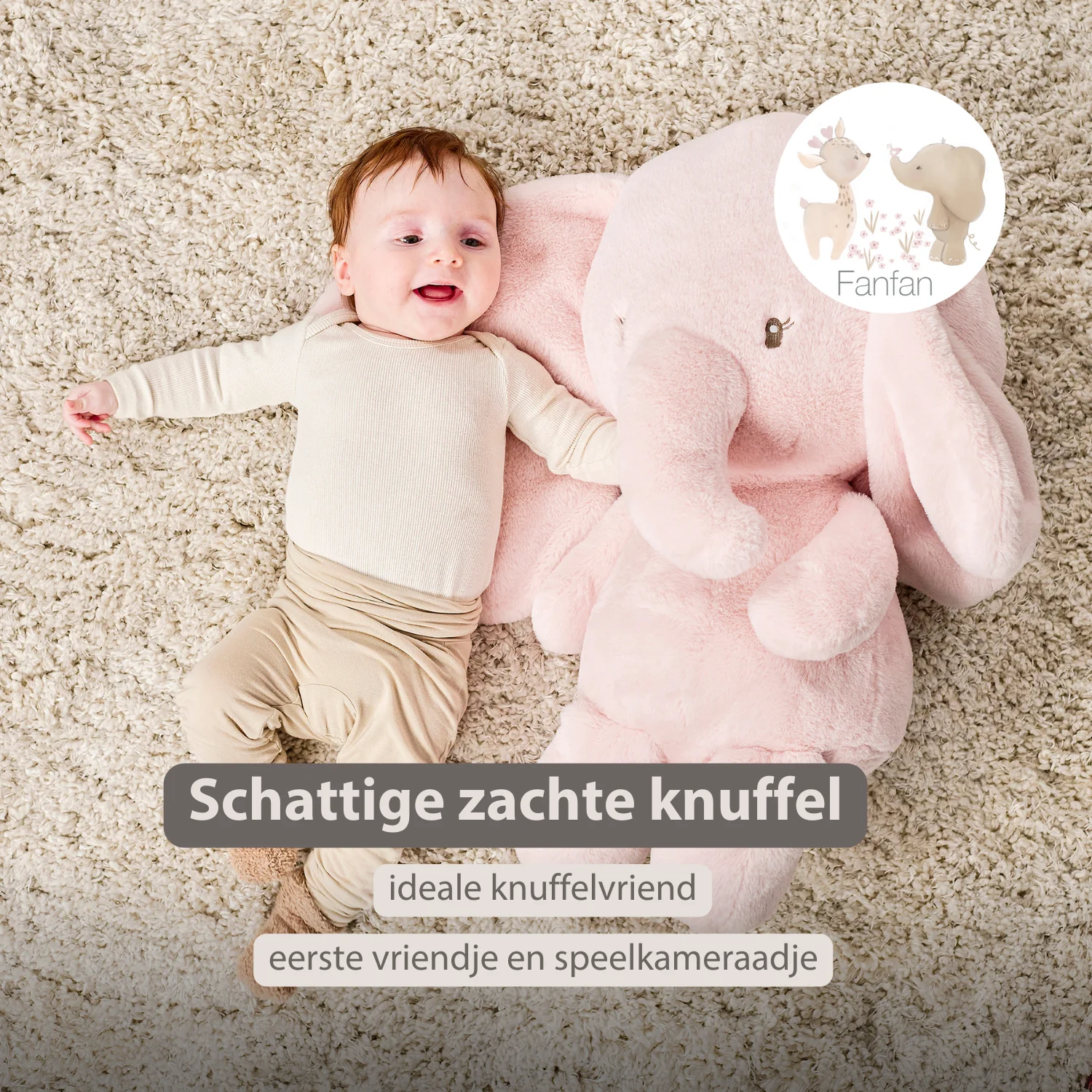 FanFan Maxi Cuddle Elephant – 60 cm – Soft Baby Plush – Pink - Image 23