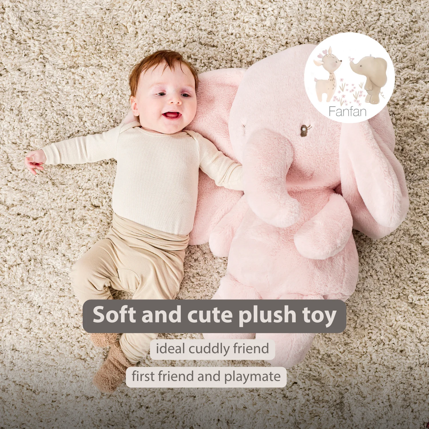 FanFan Maxi Cuddle Elephant – 60 cm – Soft Baby Plush – Pink - Image 30