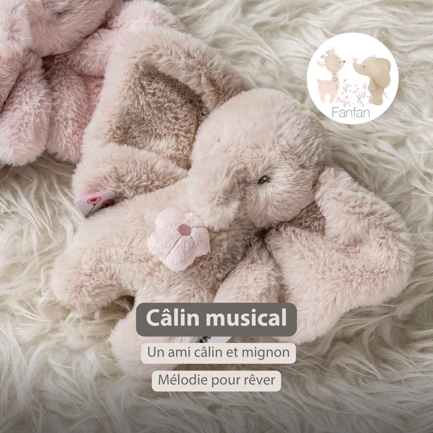 FanFan Musical Cuddle Toy Elephant - 20 cm - Soft Plush with Music - Sand - Image 16