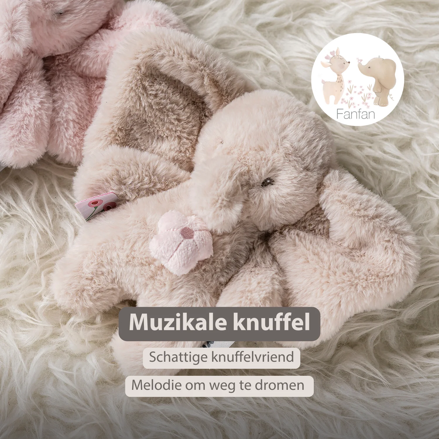FanFan Musical Cuddle Toy Elephant - 20 cm - Soft Plush with Music - Sand - Image 23