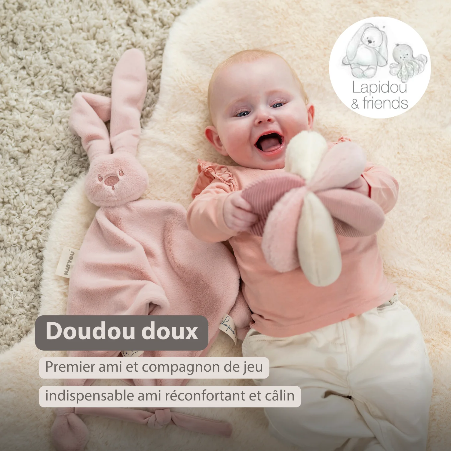 Lapidou Baby Comforter - 65 x 40 cm - Doudou Rabbit - Powder Pink - Image 12
