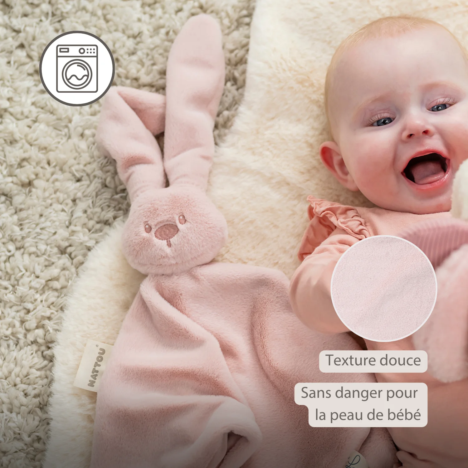 Lapidou Baby Comforter - 65 x 40 cm - Doudou Rabbit - Powder Pink - Image 14