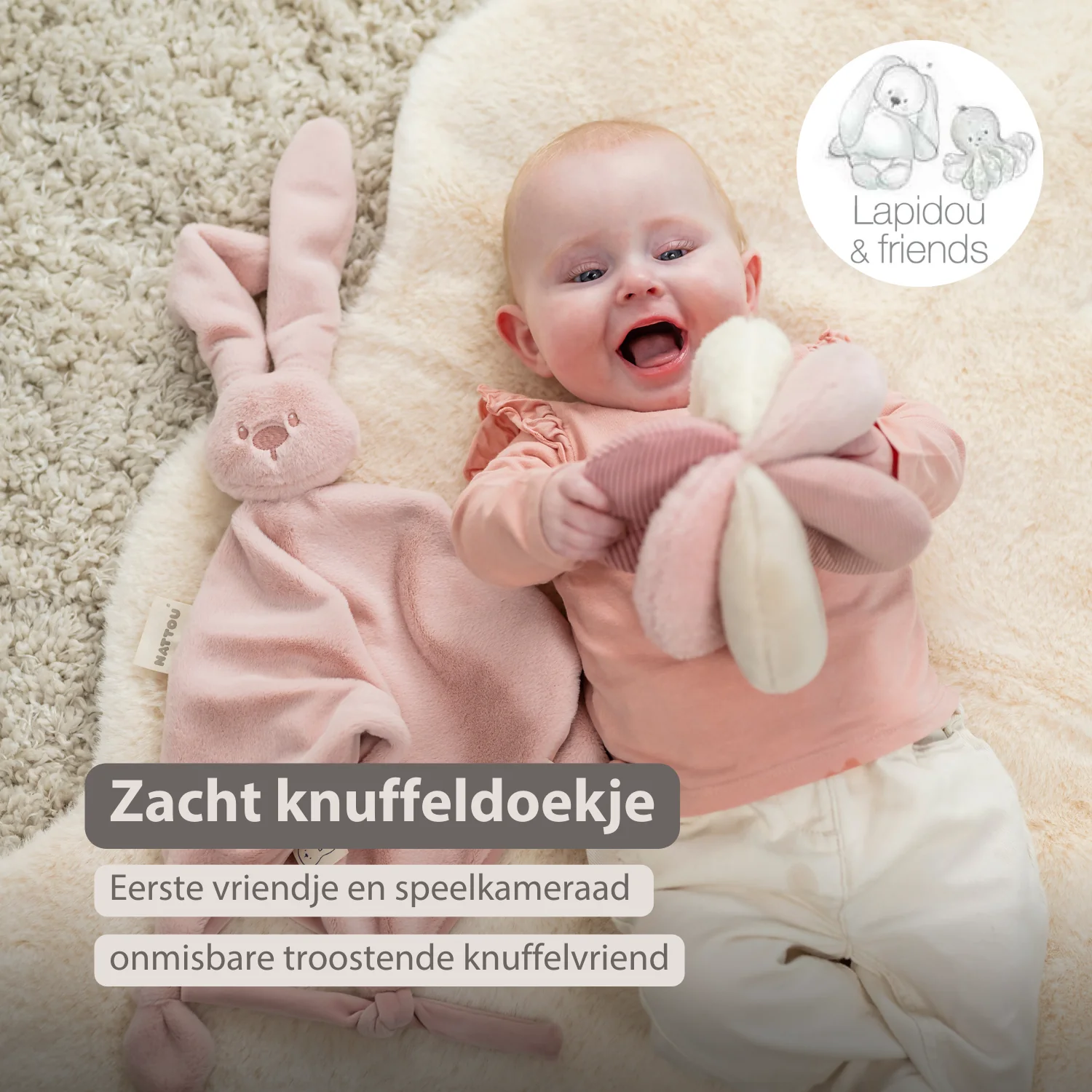 Lapidou Baby Comforter - 65 x 40 cm - Doudou Rabbit - Powder Pink - Image 17