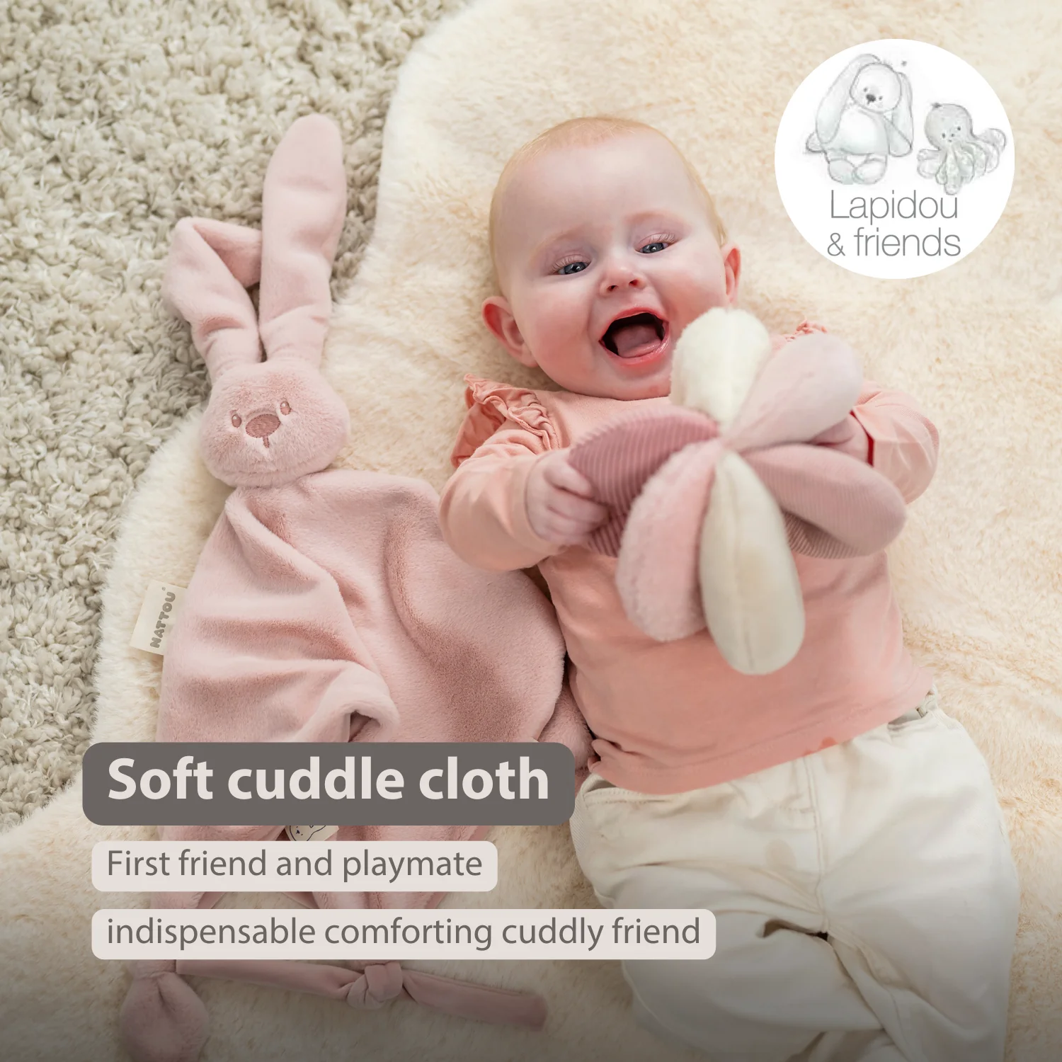 Lapidou Baby Comforter - 65 x 40 cm - Doudou Rabbit - Powder Pink - Image 22