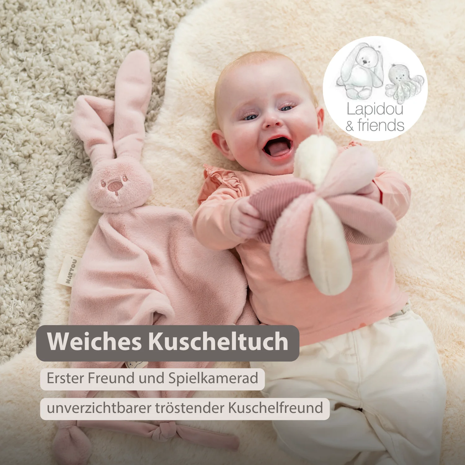 Lapidou Baby Comforter - 65 x 40 cm - Doudou Rabbit - Powder Pink - Image 7