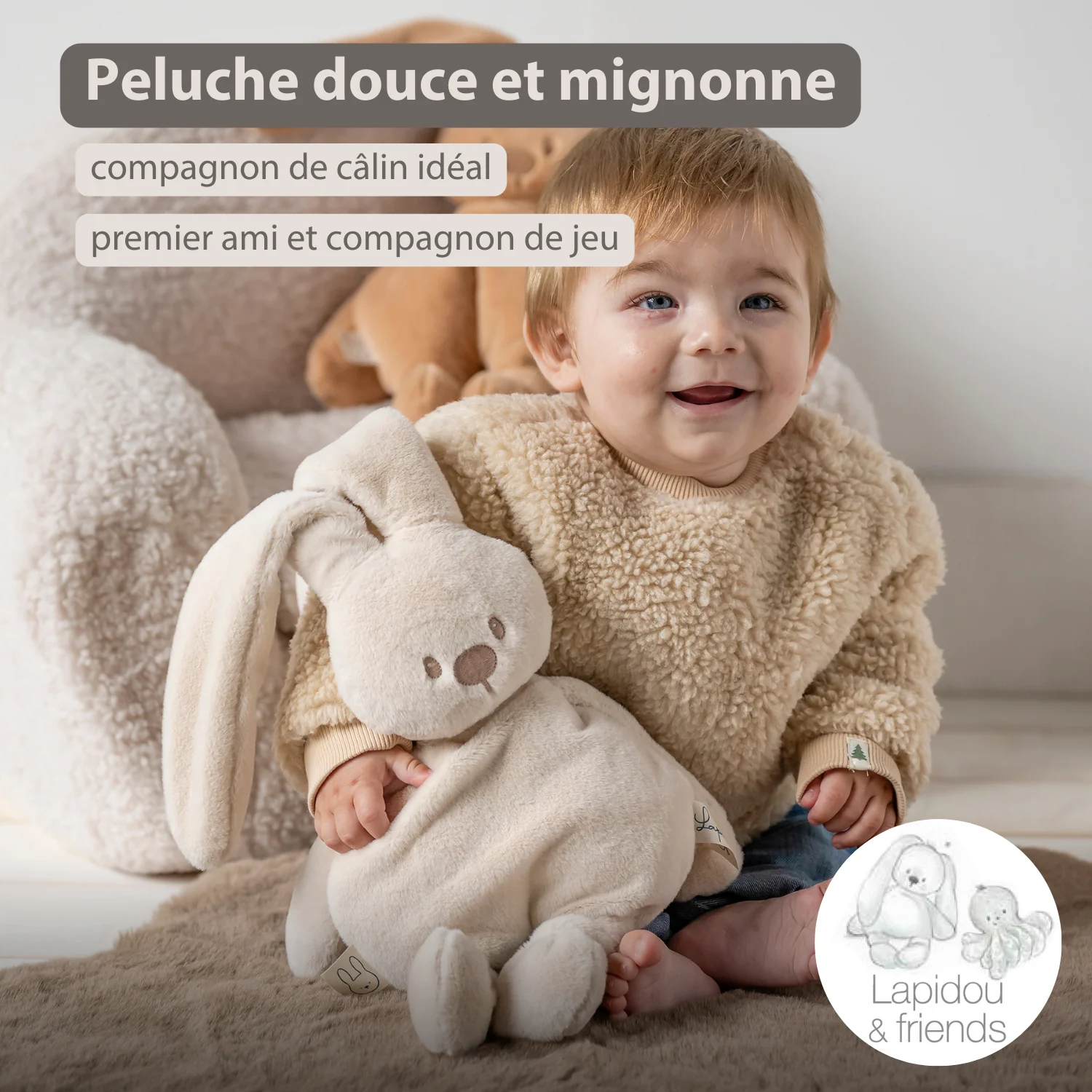 Lapidou Cuddly Rabbit - 30 cm - Soft Baby Plush - Sand - Image 16