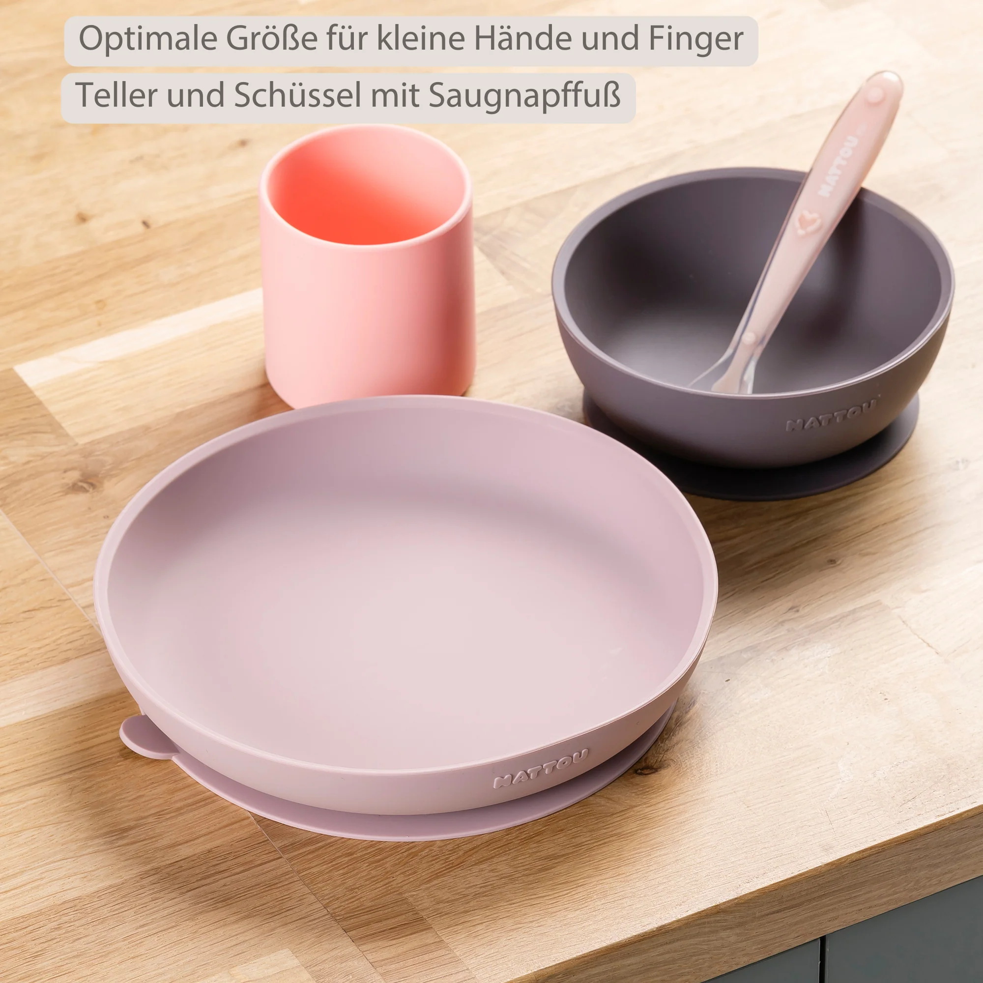 Silicone children’s tableware – 4-piece baby tableware – Pink and Aubergine - Image 11