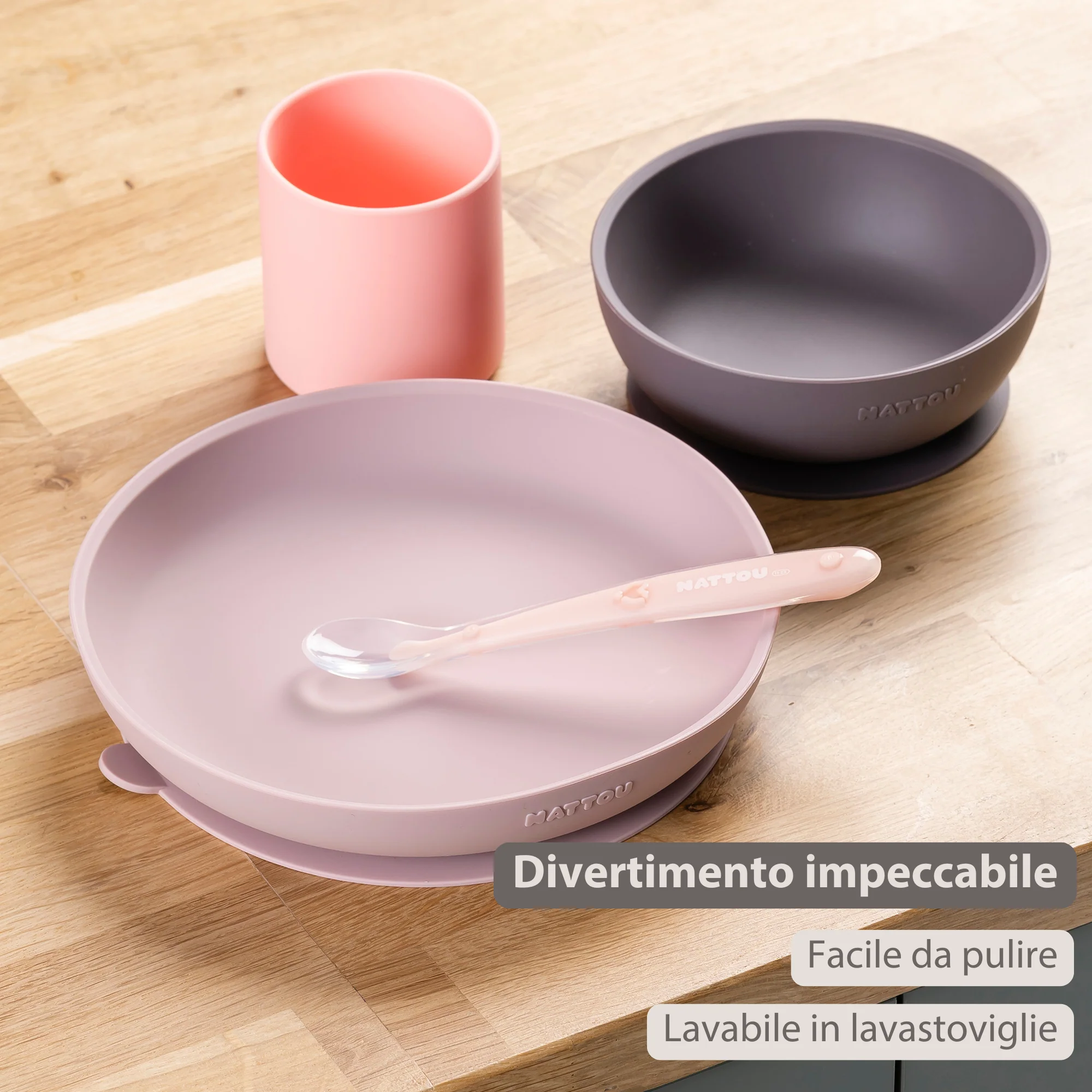Silicone children’s tableware – 4-piece baby tableware – Pink and Aubergine - Image 3