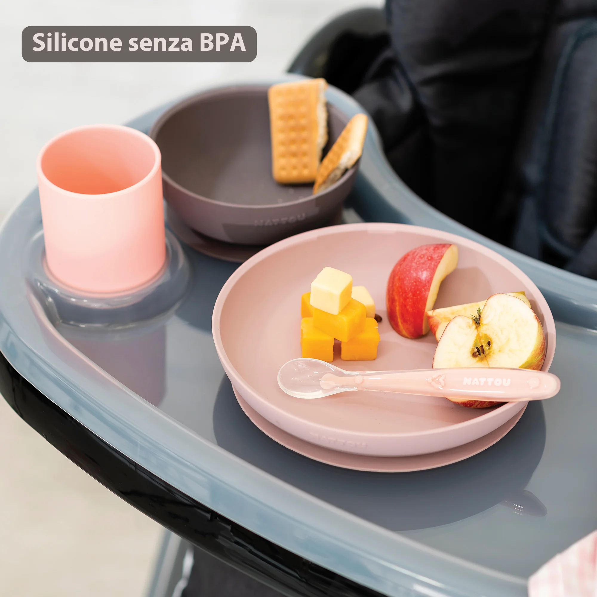 Silicone children’s tableware – 4-piece baby tableware – Pink and Aubergine - Image 5