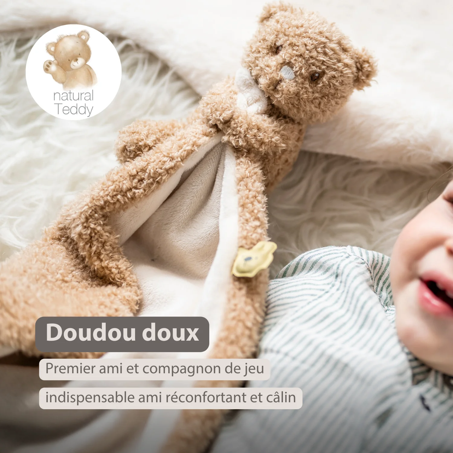 TEDDY Baby Comfort Blanket with Cuddle Toy – 27 x 27 cm – Doudou Bear – Beige - Image 12