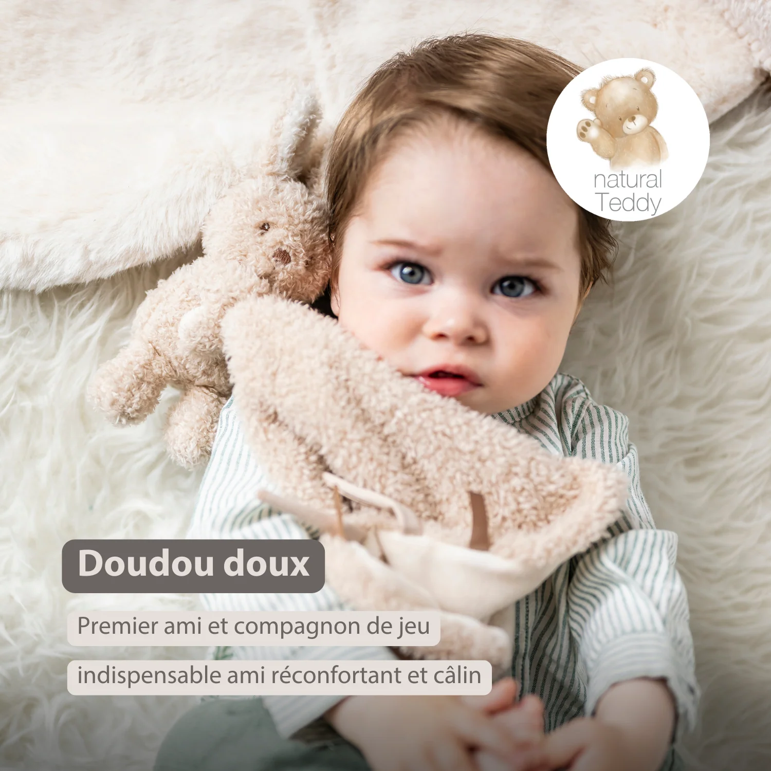 TEDDY Baby Comfort Blanket with Cuddle Toy – 27 x 27 cm – Doudou Bunny – Beige - Image 14