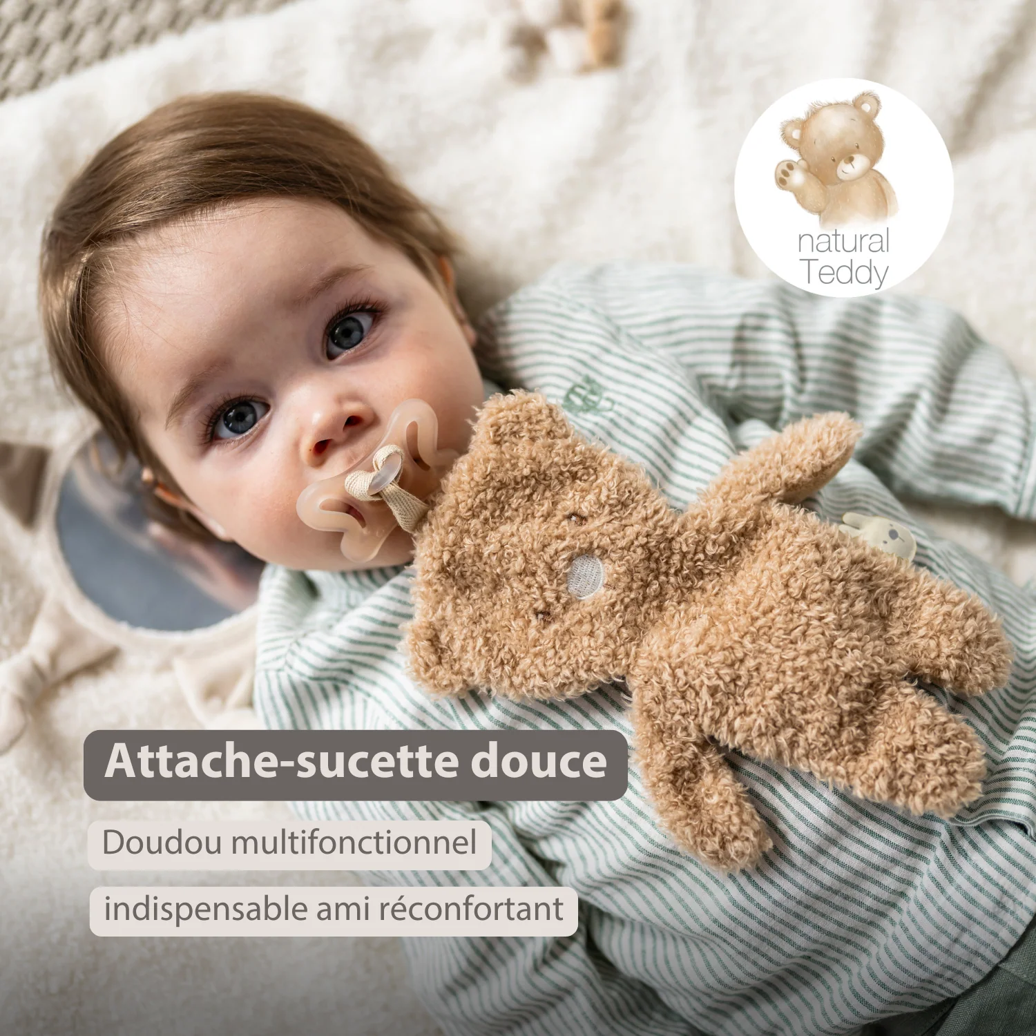 TEDDY Baby Pacifier Cloth – 26 cm – Bear Doudou as Pacifier Holder – Beige - Image 14